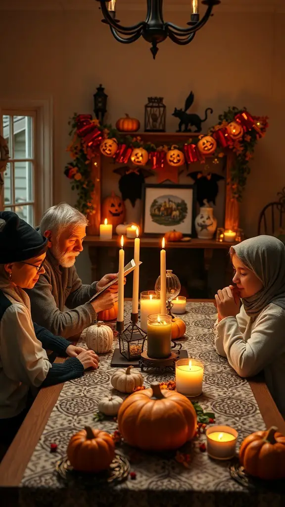 A cozy Halloween gathering with family around a decorated table featuring pumpkins and candles.