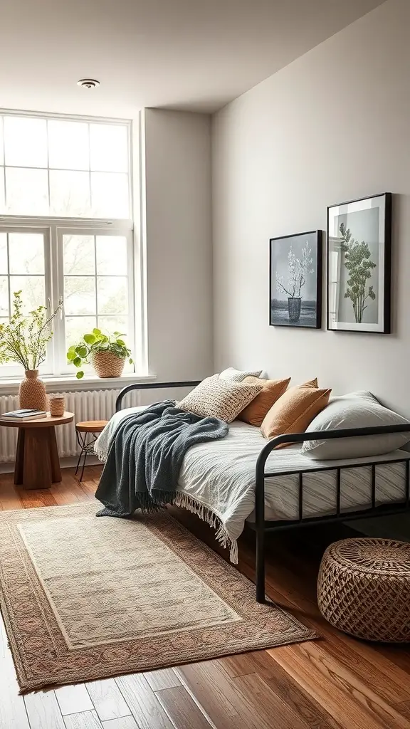 23+ Creative Small Long Bedroom Ideas for Stylish Spaces 15 Cozy nook with a daybed, pillows, and plants in a small long bedroom