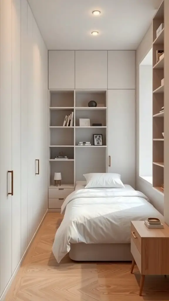 27+ Creative Long and Narrow Bedroom Ideas for Maximizing Space 10 A long and narrow bedroom featuring built-in shelving and a cozy bed.