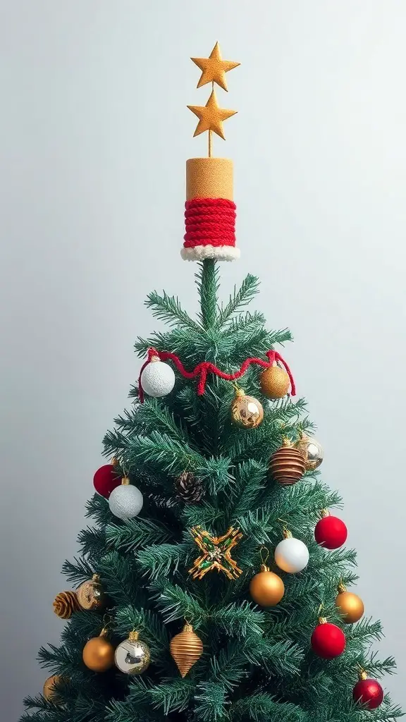 A Christmas tree with a unique topper featuring two golden stars and a yarn-wrapped base, decorated with colorful ornaments.