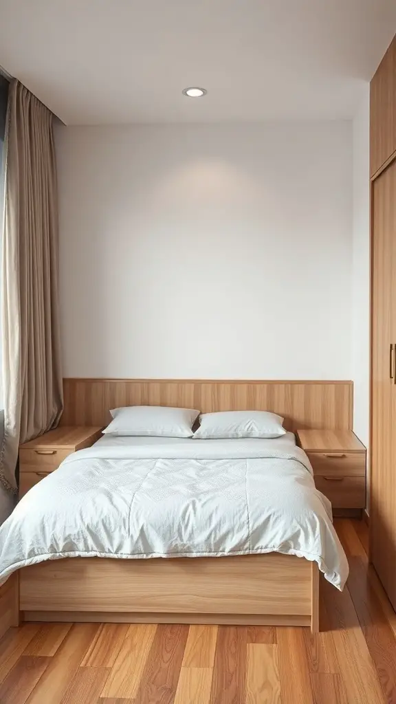 A small bedroom featuring a wooden bed with storage drawers, light-colored bedding, and minimal decor.