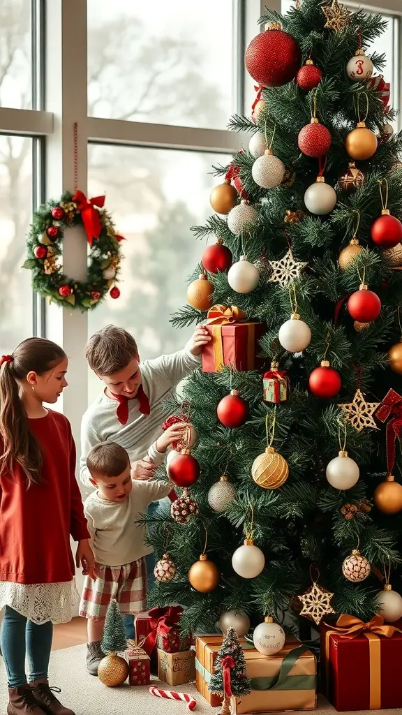 A family decorating a Christmas tree with ornaments and gifts around.