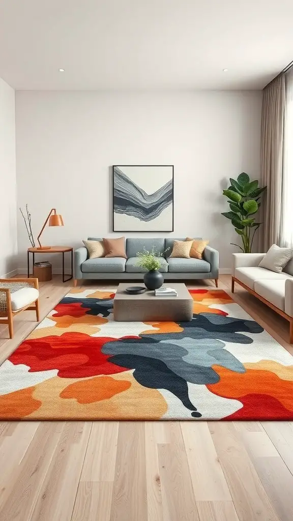 29+ Stunning Abstract Rugs to Elevate Your Living Room Decor 9 A modern living room featuring an abstract rug with vibrant colors, a comfortable sofa, and a coffee table.