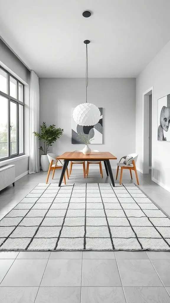 25+ Stunning Geometric Rug Designs for Your Home 3 A minimalist dining area featuring a grid-patterned rug, a wooden table, and modern chairs.