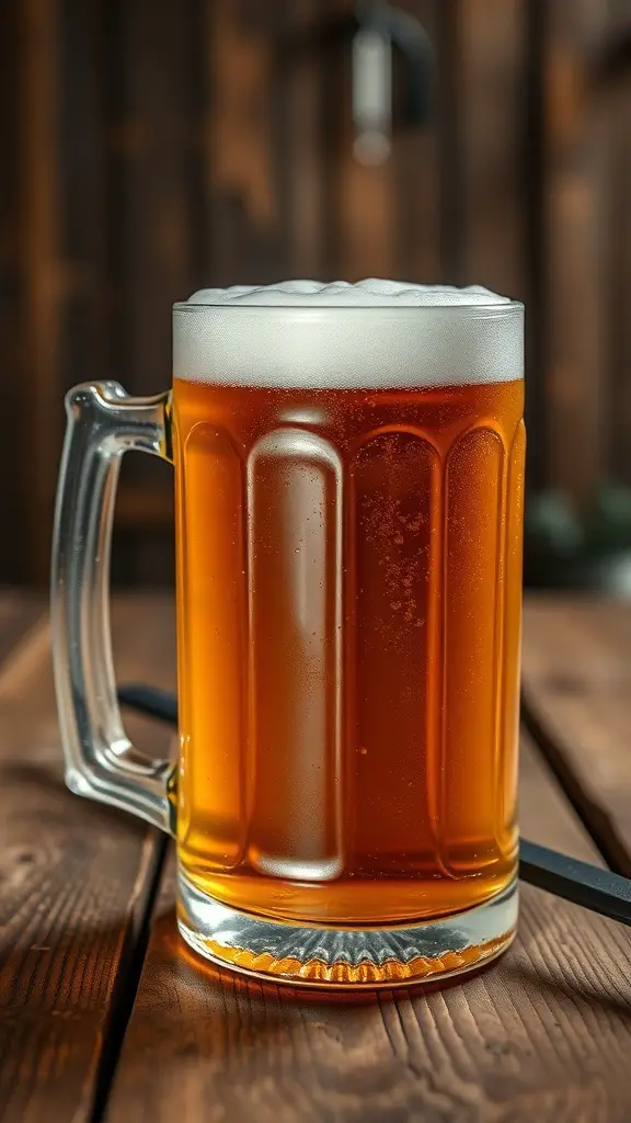 23+ Unique 2 Year Anniversary Gifts for Him 10 A frosty beer mug filled with amber beer, sitting on a wooden table.