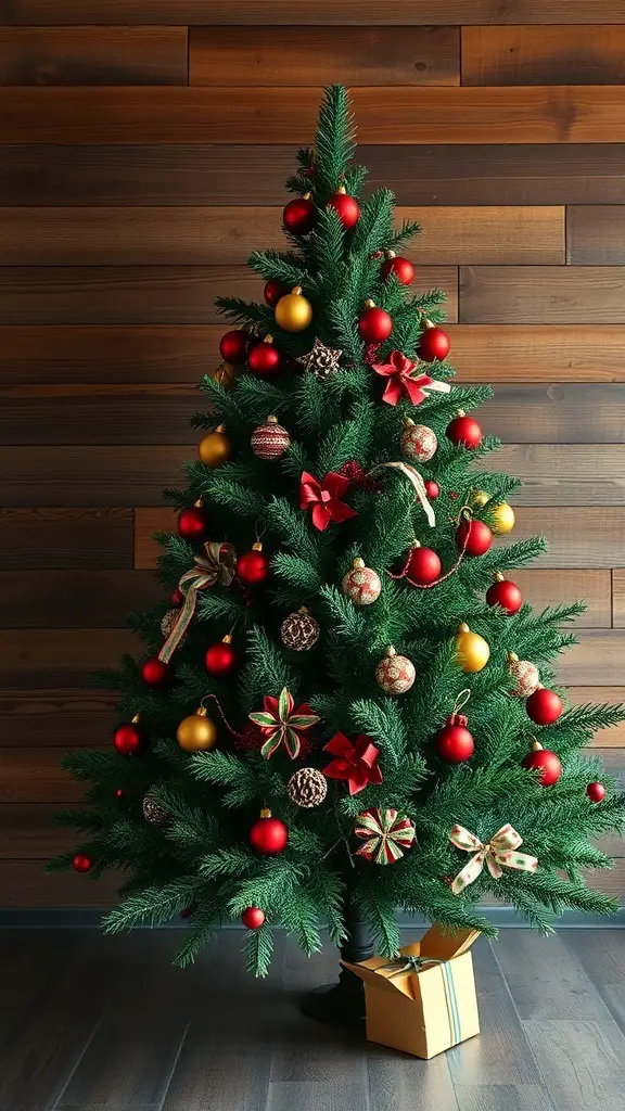 A rustic Christmas tree decorated with red and gold ornaments against a wooden backdrop.