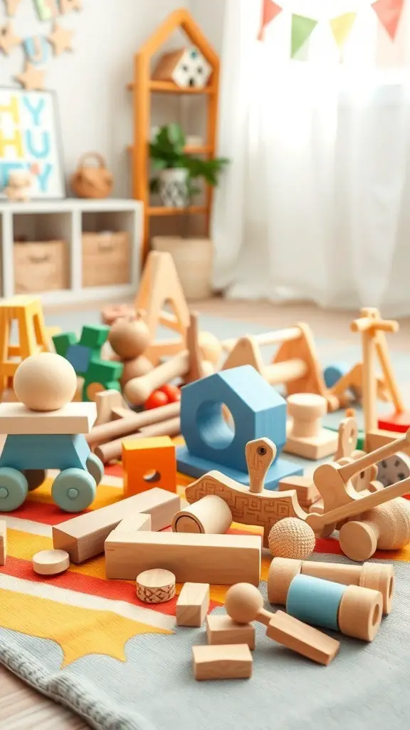Colorful assortment of wooden toys on a playful rug