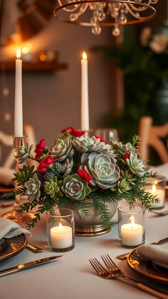 A succulent centerpiece with candles on a dining table, featuring various colorful succulents in an elegant pot.