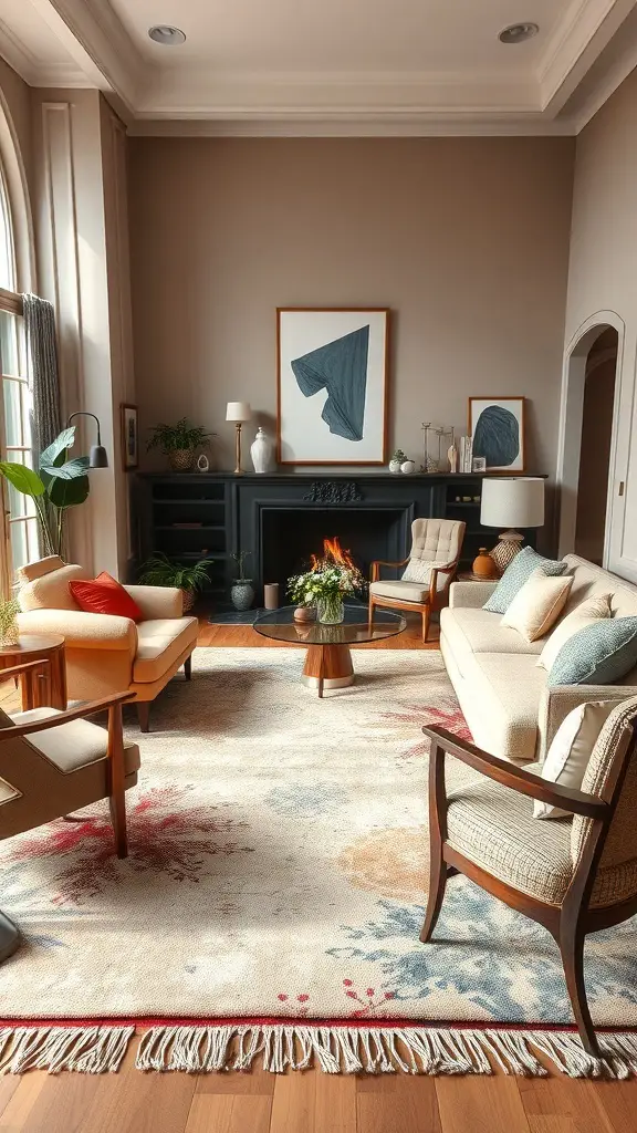 29+ Stunning Abstract Rugs to Elevate Your Living Room Decor 8 A stylish living room featuring an abstract rug with soft colors and artistic patterns, surrounded by modern furniture.
