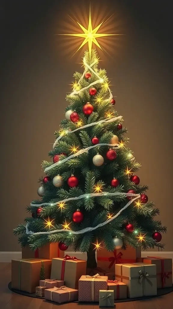 A beautifully decorated sage green Christmas tree with a star topper and presents underneath.