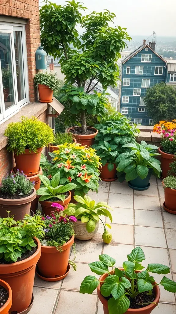 25+ Stunning Mediterranean Terrace Ideas for Your Home 15 A Mediterranean terrace filled with various potted plants, showcasing sustainable gardening practices.