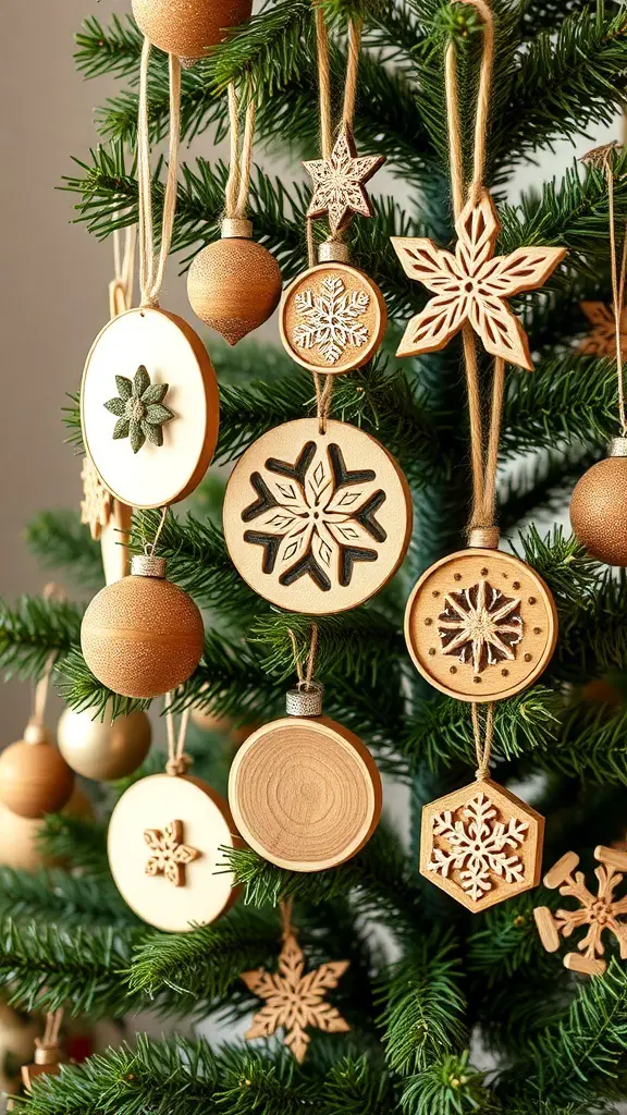 Eco-friendly wooden ornaments hanging on a Christmas tree