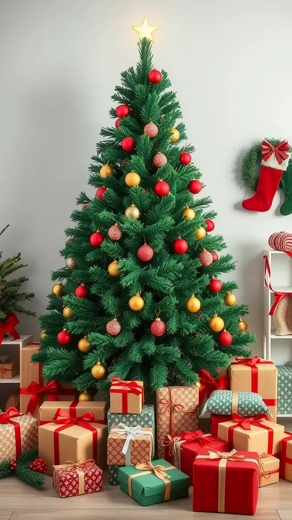 A green velvet Christmas tree decorated with red and gold ornaments, surrounded by colorful wrapped gifts.