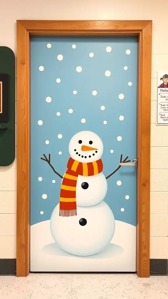 A classroom door decorated with a snowman and snowflakes on a blue background.