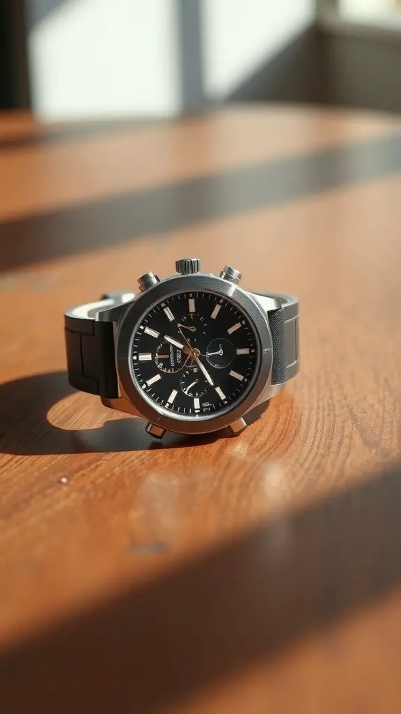 23+ Unique 2 Year Anniversary Gifts for Him 15 A stylish black watch with a modern design on a wooden table.
