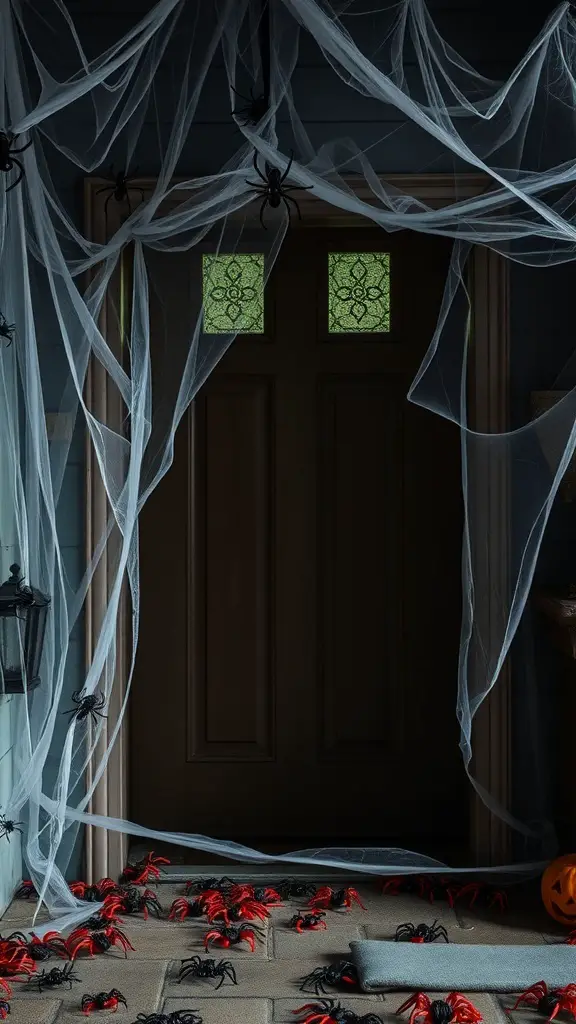 A spooky entrance decorated with hanging spider webs and plastic spiders, creating a Halloween atmosphere.