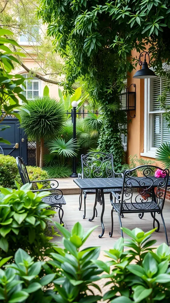 25+ Stunning Spanish Garden Hacienda Style Ideas to Transform Your Outdoor Space 6 Cozy seating area with wrought iron furniture surrounded by lush greenery in a Spanish garden hacienda style.
