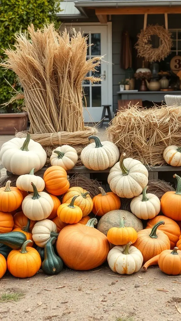 A display of colorful pumpkins and haystacks, showcasing autumn decor.