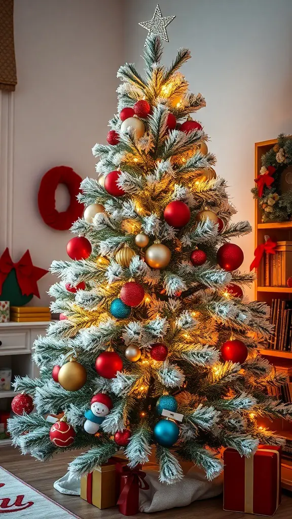 A beautifully decorated flocked Christmas tree with colorful ornaments and lights.