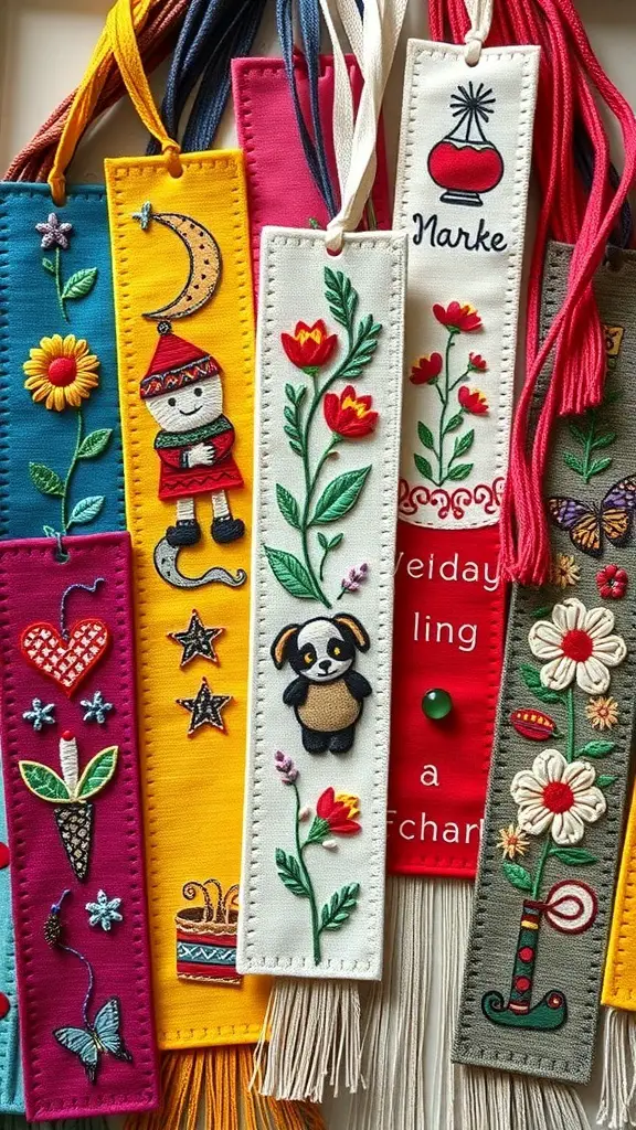 A collection of colorful embroidered bookmarks featuring various designs and patterns.