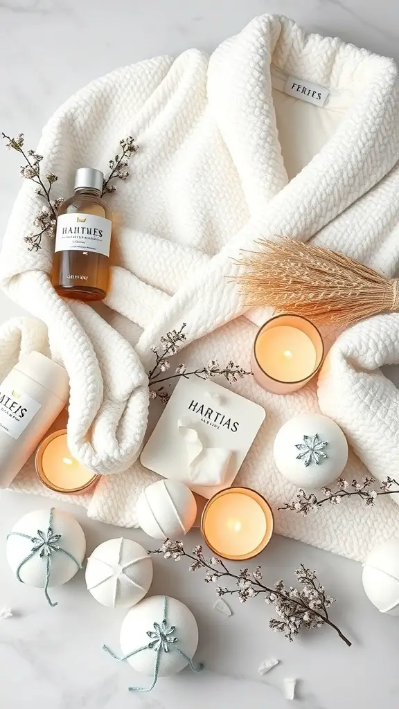 33+ Thoughtful Gifts Your Sister Will Adore 3 Spa day essentials including a white robe, bath products, and candles.