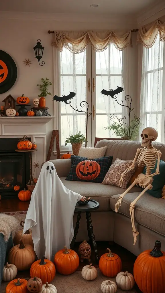 Cozy Halloween living room with pumpkins, a ghost, and a skeleton