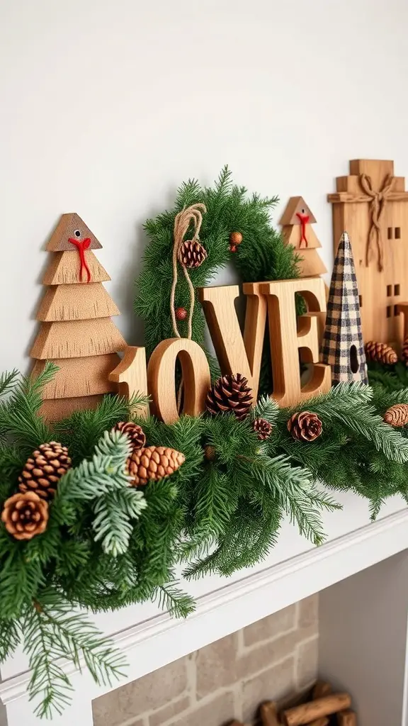 Rustic wooden decorations featuring trees, a wreath, and the word 'love' surrounded by greenery and pinecones.