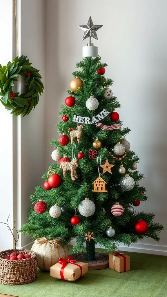 A green velvet Christmas tree decorated with red and silver ornaments, a star on top, surrounded by wrapped gifts.