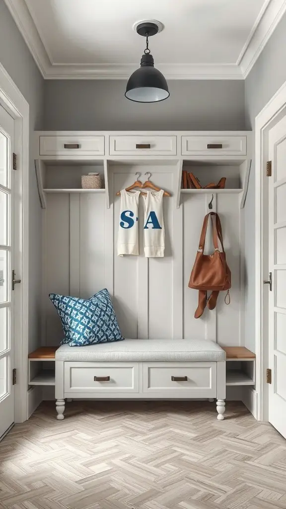 A stylish entryway featuring a built-in bench with storage drawers, open shelves, and a decorative pillow.
