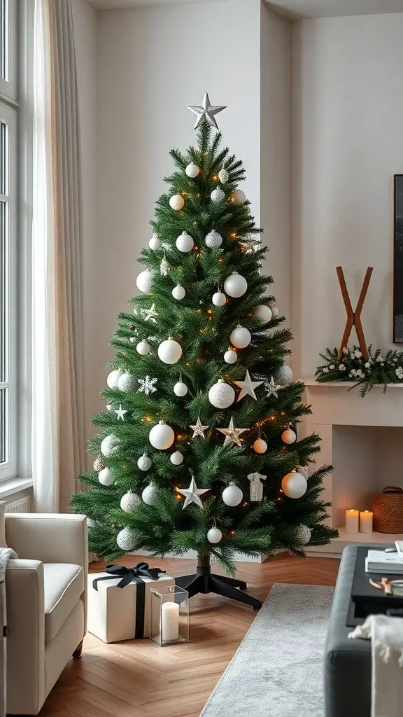 A modern minimalist hunter green Christmas tree decorated with white and silver ornaments in a stylish living room.