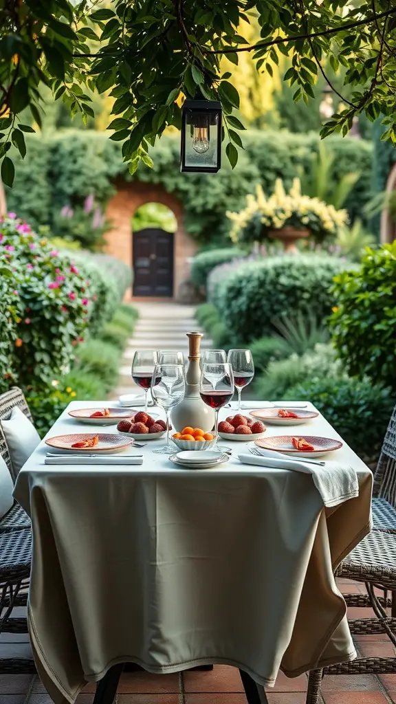 29+ Inspiring Tuscan Garden Ideas for Your Outdoor Oasis 12 A beautifully set outdoor dining table in a Tuscan garden, surrounded by lush greenery and flowers.