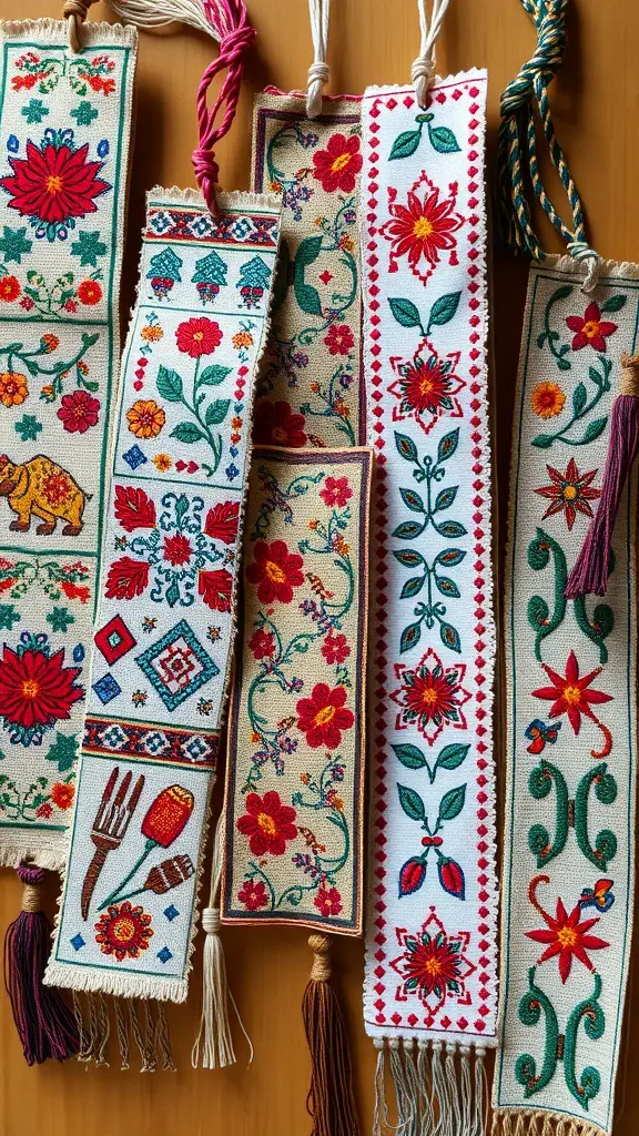 A collection of embroidered bookmarks featuring various cultural patterns and symbols.