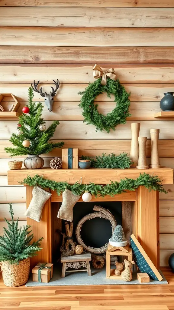 A rustic Christmas decor featuring a wooden fireplace mantel decorated with greenery, ornaments, and wooden accents.