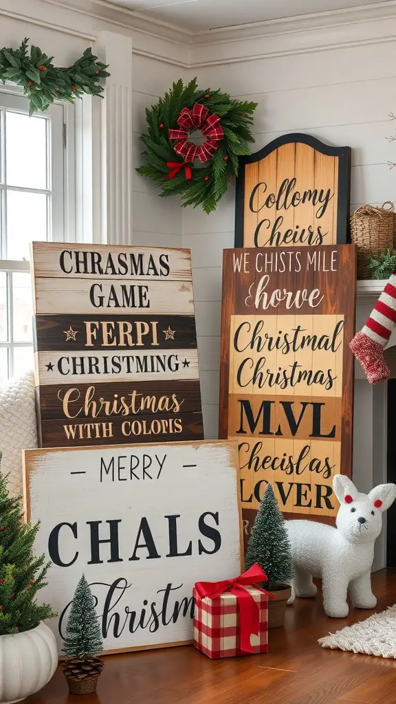A collection of wooden Christmas signs with various festive messages.