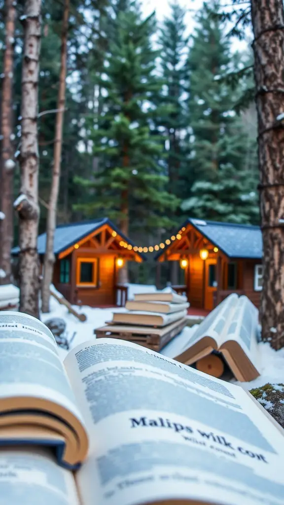 31+ Creative Bookmark Design Ideas You’ll Love 2 A cozy forest scene with open books and cabins in the background.