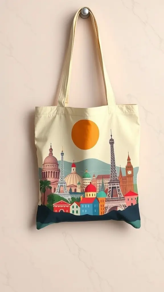27+ Creative Tote Bag Painting Ideas You’ll Love 2 Tote bag featuring a vintage travel poster design with famous landmarks