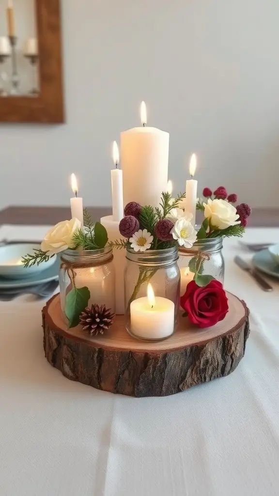 A rustic wood slice display featuring candles and flowers as a centerpiece.