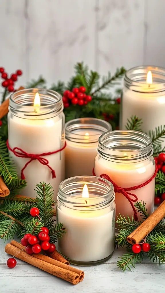Christmas scented candles in jars surrounded by greenery and cinnamon sticks