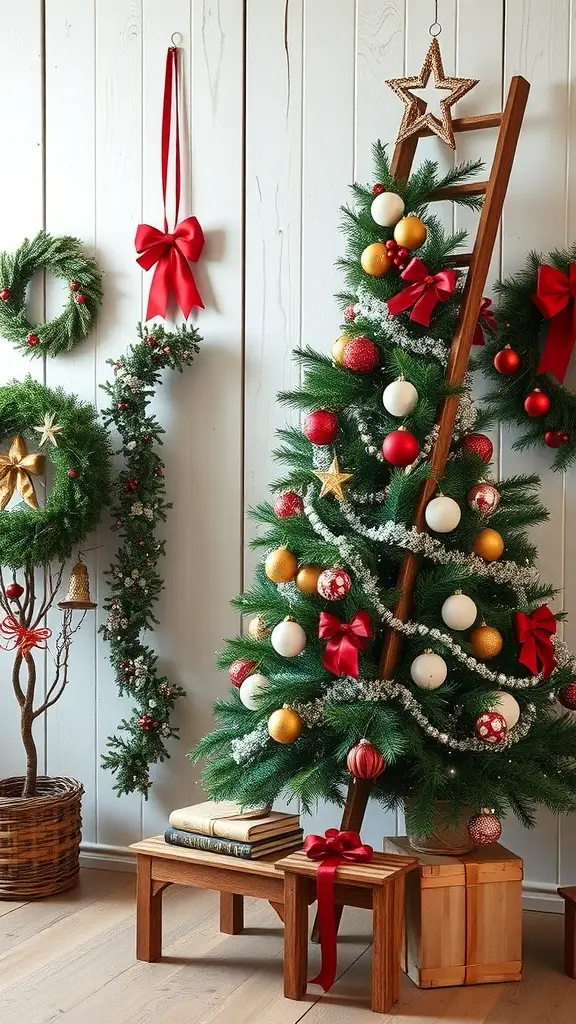 A wooden ladder decorated with a Christmas tree and ornaments