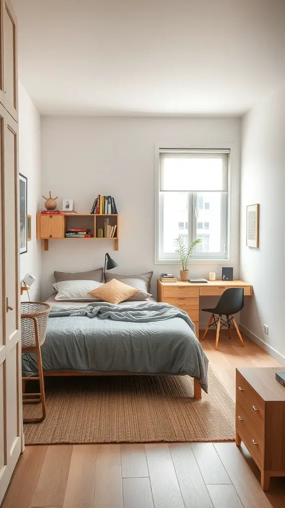 27+ Inspiring Small Bedroom Arrangement Ideas for Maximizing Space 15 A small bedroom with a bed, desk, and shelves, showcasing a decluttered and spacious arrangement.