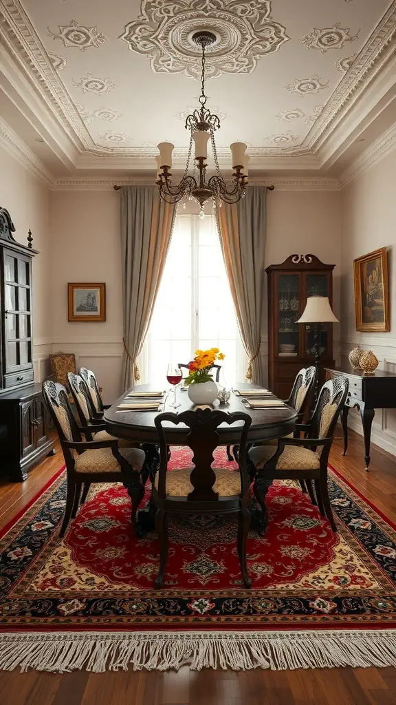 23+ Stunning Rug Design Ideas to Transform Your Space 4 A traditional dining room featuring a classic Persian rug under a wooden dining table, surrounded by elegant chairs and decor.