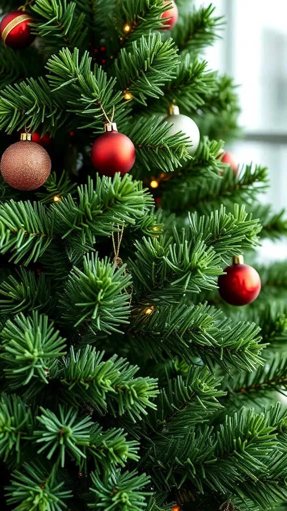 A close-up of a green velvet Christmas tree with red and gold ornaments.