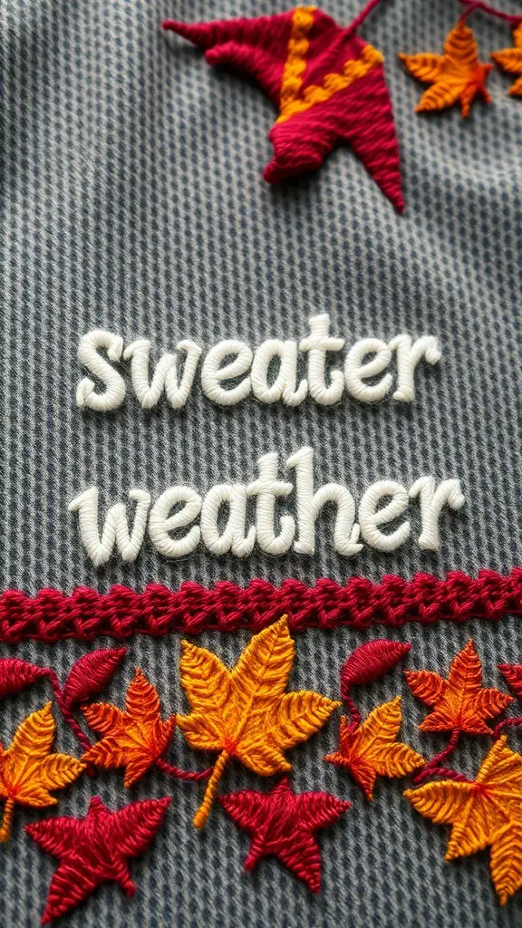 33+ Stunning Fall Embroidery Ideas to Try This Season 7 Embroidery of the words 'Sweater Weather' with colorful autumn leaves.