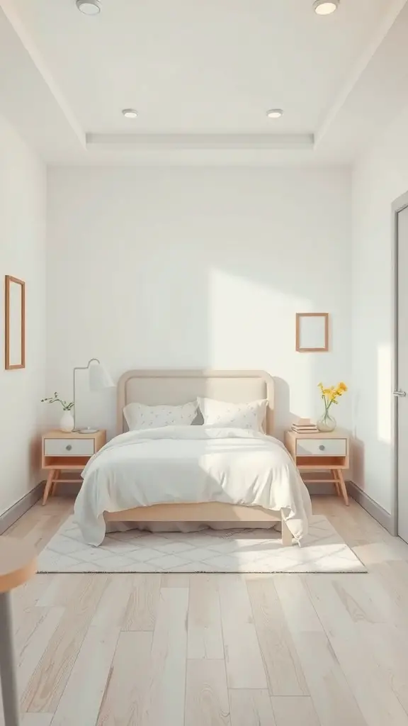A small bedroom with light color palette, featuring a bed, nightstands, and natural light.