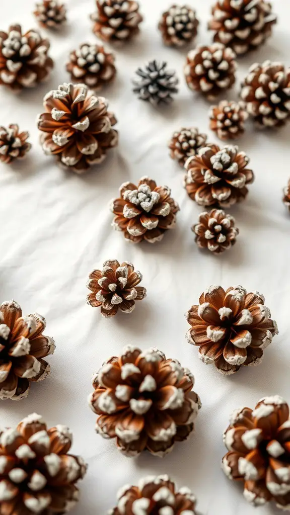 A collection of frosted pinecones arranged on a light background.