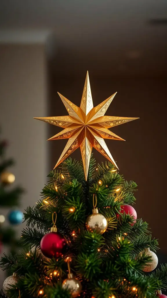 A beautifully decorated Christmas tree with a green velvet theme and a golden star topper.