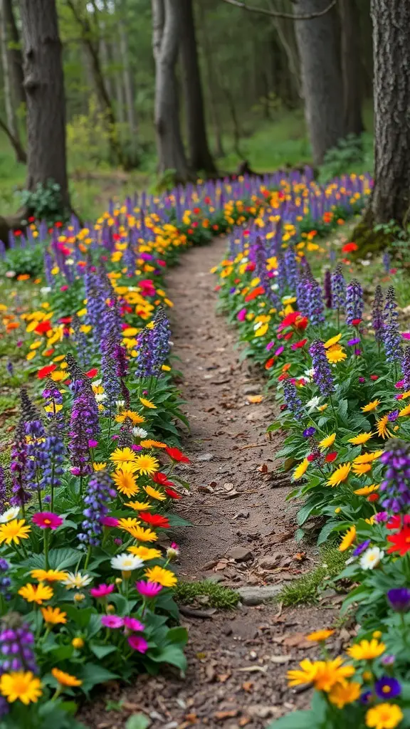 A woodland path surrounded by colorful wildflowers in bloom.