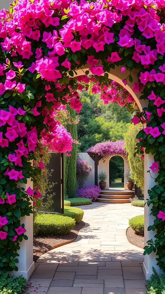 27+ Inspiring Italian Backyard Ideas for a Perfect Outdoor Retreat 8 Archway covered with vibrant pink bougainvillea flowers in a beautiful garden setting.