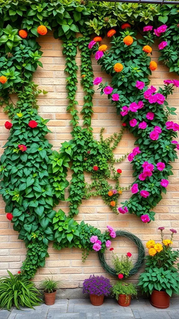 29+ Inspiring Tuscan Garden Ideas for Your Outdoor Oasis 8 A vibrant vertical garden with colorful flowers and lush greenery on a brick wall.