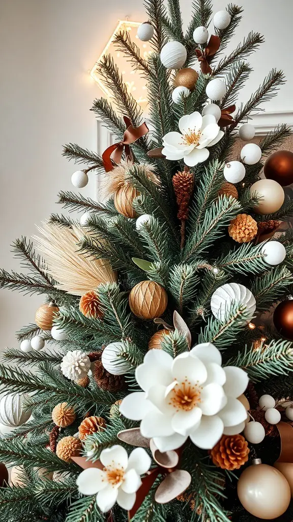 A beautifully decorated brown and white Christmas tree with pine branches, white flowers, and warm ornaments.